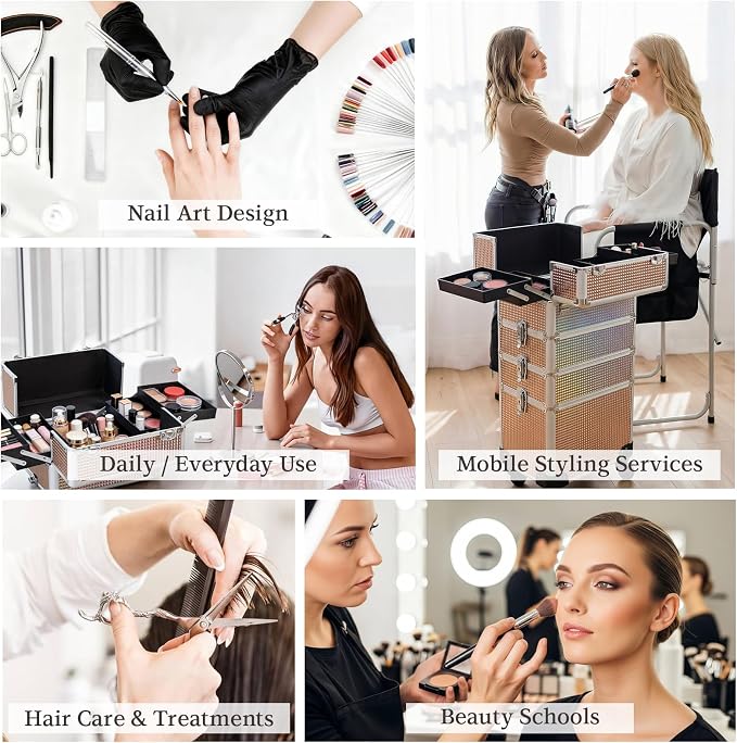 4 in 1 Makeup Train Case - Professional Cosmetology Case on Wheels, Large Transformable Makeup Train Case & Barber Case, Portable rolling makeup case & Makeup Cart, Rose Gold - Image 4