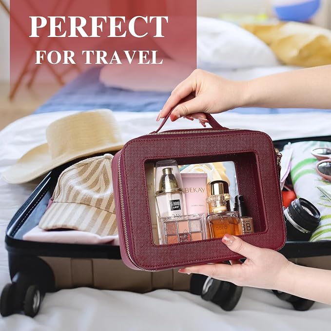 Pinkmik Clear Makeup Bag for Women Waterproof Travel Cosmetics and Toiletries Case Portable Makeup Oaganizer Bag Clear Car Bag with Zipper (X/Burgundy, M+L) - Image 4