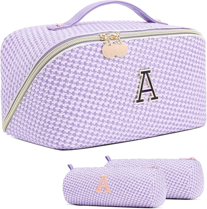Personalized Gift Travel Makeup Bag: Initial Makeup Organizer Bag for Women | 3-in-1 Custom Make up Bag Set - Vegan Leather Travel Cosmetic Bag - Luxury Gift for Women – Birthday, Anniversary, Graduation by Unknown