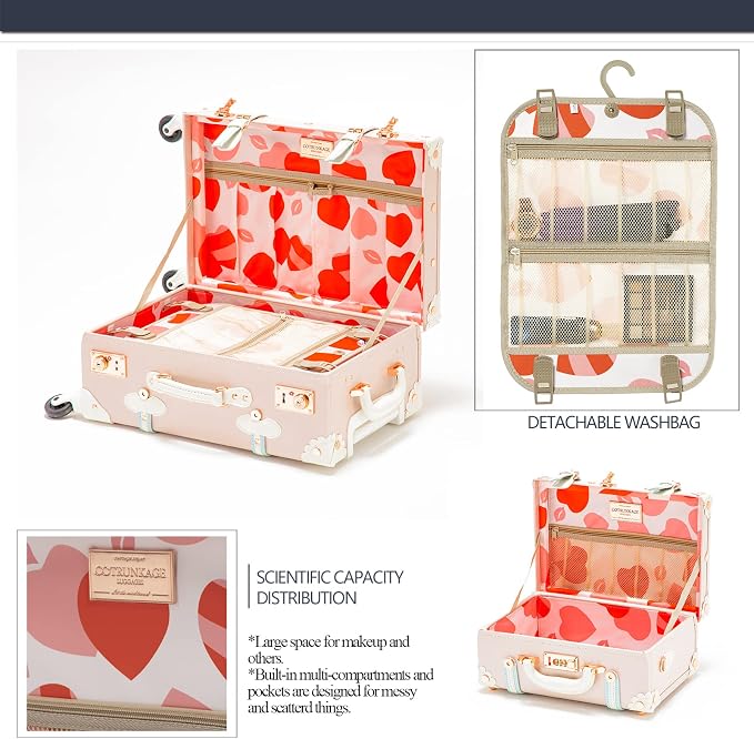 COTRUNKAGE Vintage Checked Luggage Sets 2 Piece Suitcase for Women with 16" Suitcase Bag, Cherry Pink - Image 5