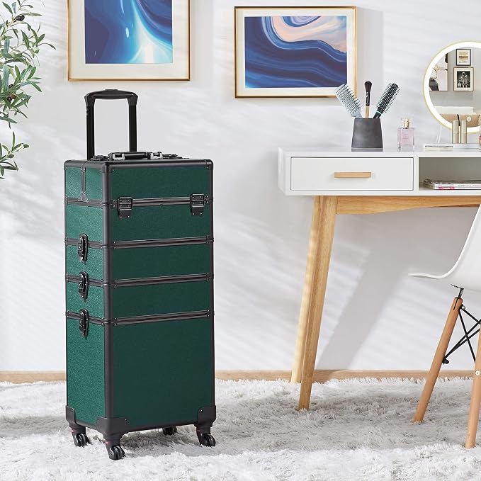 Yaheetech 4 in 1 Rolling Makeup Train Case, Lockable Green Cosmetology Cart | Aluminum-framed cosmetology trolley on swivel wheels, with stackable accordion trays keeping nail & makeup supplies organized - Image 2