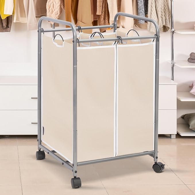 STORAGE MANIAC Laundry Sorter 2 Section, 90 L Gal Laundry Hamper with Wheels, Clothes Basket Separator Sorter, 2 Bag Cart and Removable Bags for Closet, Dorm, Collage, Beige - Image 2