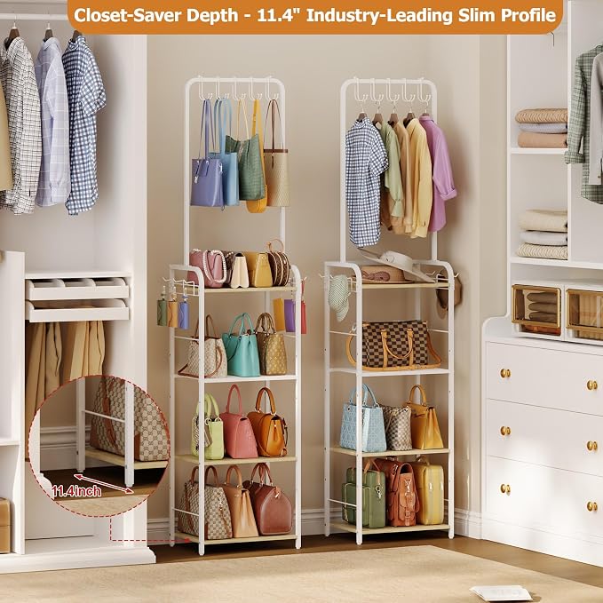 Tall Purse Organizer Stand with 3-Tier Thick Wood + 1-Tier High-Density Mesh, Adjustable Interchangeable, Slim Narrow Freestanding Handbag Rack with 5 Large & 6 Side Hooks, Closet Bag Storage White - Image 6