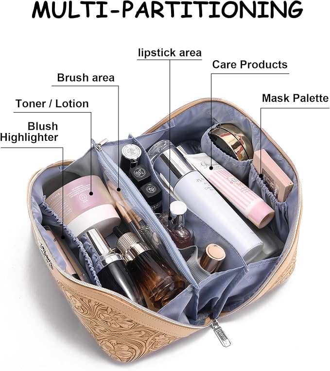 BOYATU Travel Makeup Bags Cosmetic Organizer Bag: 3 Pcs Set Large Capacity Floral Make up Bag with Compartments - Waterproof Leather Toiletry Bags with Handle for Women (17-Apricot) - Image 3