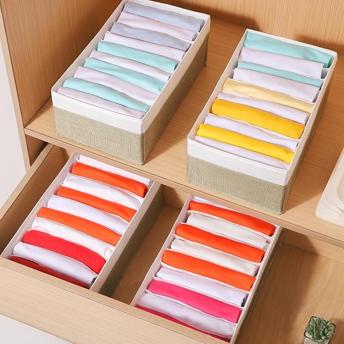 4 Packs T-shirt Drawer Organizers for Clothing,10 Grids Compartment Wardrobe Storage Box, Clothes Organizer for Folded Clothes, T-shirt, Legging-15.75''x9.06''x5.91-BeigeWhite - Image 7