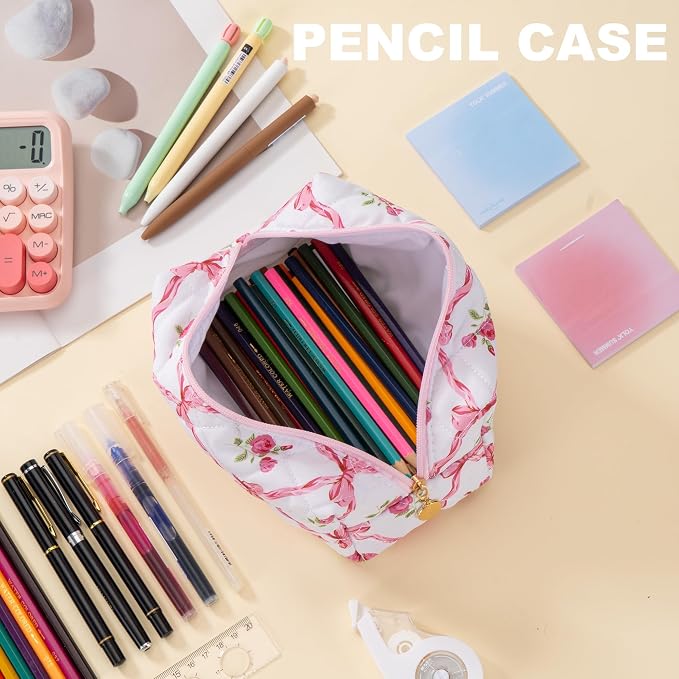 Makeup Bag Travel Toiletry Bag for Women, Small Cosmetic Bags Cute Quilted Cotton Makeup Pouch for Purse Emergency Bag Floral Pencil Case Accessory Bag, Bow and Floral - Image 6