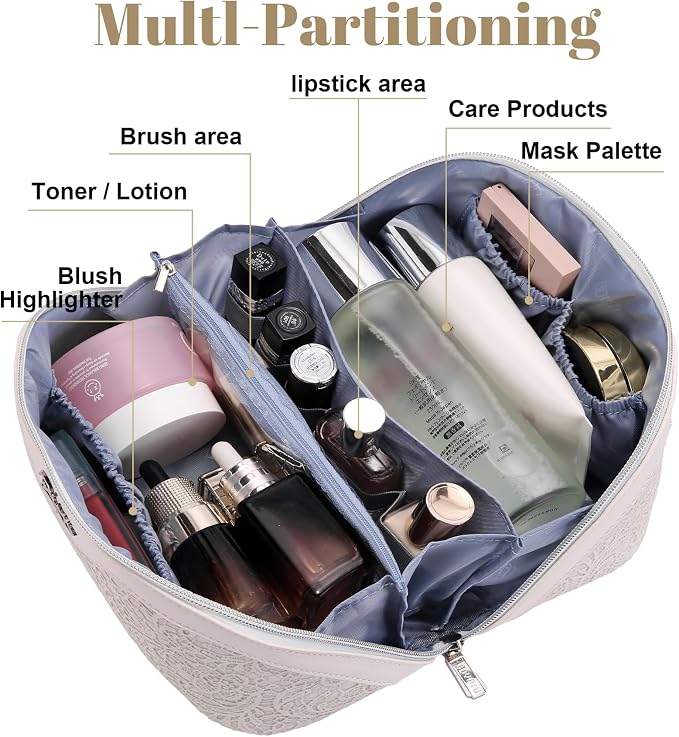 BOYATU Travel Makeup Bags Cosmetic Organizer Bag: 3 Pcs Set Large Capacity Make up Bag with Compartments - Waterproof Leather Toiletry Bags with Handle for Women (A-White) - Image 3