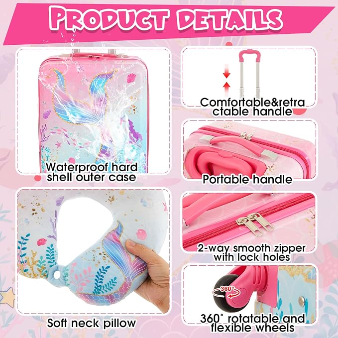 Sanwuta 4 Pcs Kids Luggage Set Back to School Gifts for Girls Boys Carry On Rolling Suitcase Backpack Neck Pillow Travel Set(17 Inch,Mermaid's Tail Style,Blue Purple) - Image 4