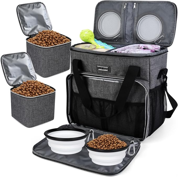 BAGLHER Dog Travel Bag, Pet Travel Bag (ALL Pet Travel Supplies), With 2 Pet Food Containers and 2 Collapsible Silicone Bowls; Essential Kits for Pet Travel Grey by BAGLHER