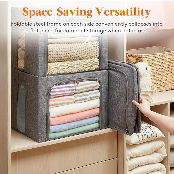 Lifewit Clothes Storage Bins with Metal Frame, Stackable Storage Box, Foldable Clothing Storage Bins with Lids, 75L Storage Bags Fabric Box Organizer with Clear Window＆ Zippers＆ Sturdy Handles 4 Pack - Image 6