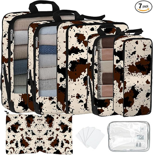 7 Pcs Compression Packing Cubes for Travel, Waterproof Suitcase Luggage Backpack Organizer with Toiletry Bag Travel Essentials for Women/Men-Cow Print by Unknown