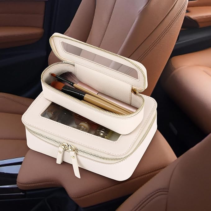 Pinkmik Travel Clear Makeup Bag with Brush Case TSA Approved Toiletry Bag Waterproof Cosmetic Organizer with Zipper Car Essential for Women (Beige, M+SLIM) - Image 6