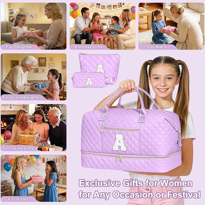 Graduation Birthday Gift for Her, Personalized Initial Weekender Bag for Women 45L Travel Duffle Carry On Quilted, 3PCS Overnight with Cosmetic & Toiletry Bag, Shoe Compartment, Gym Dance Bag for Girl - Image 8