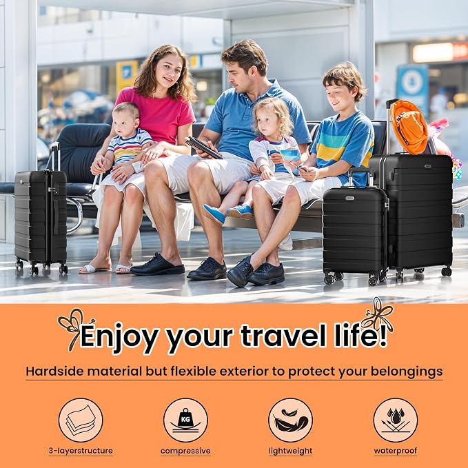AnyZip Luggage Sets 10 Piece Hardshell Suitcase Set PC ABS Lightweight Travel Suitcases with 4 Double Spinner Wheels TSA Lock 20 24 28 Inch with 7 Storage Bags Black - Image 2