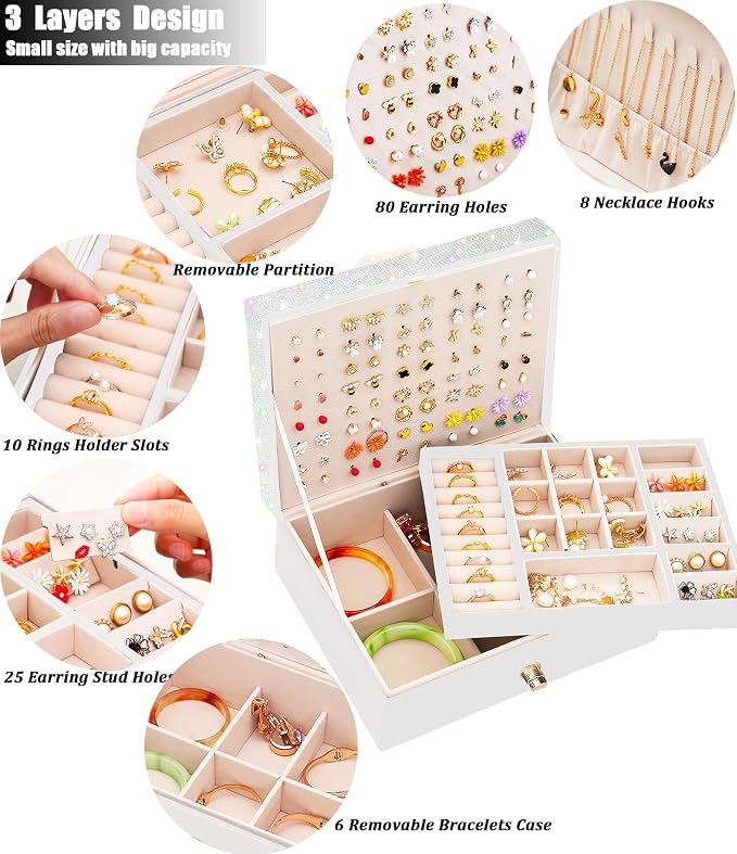 QBestry Jewelry Box for Earrings, Teen Girls Jewelry Organizer Box Earring Holder Organizer for Girls Jewelry Box Stud Earring Organizers for Girls Earrings Jewelry Boxes for Women Bling - Image 3