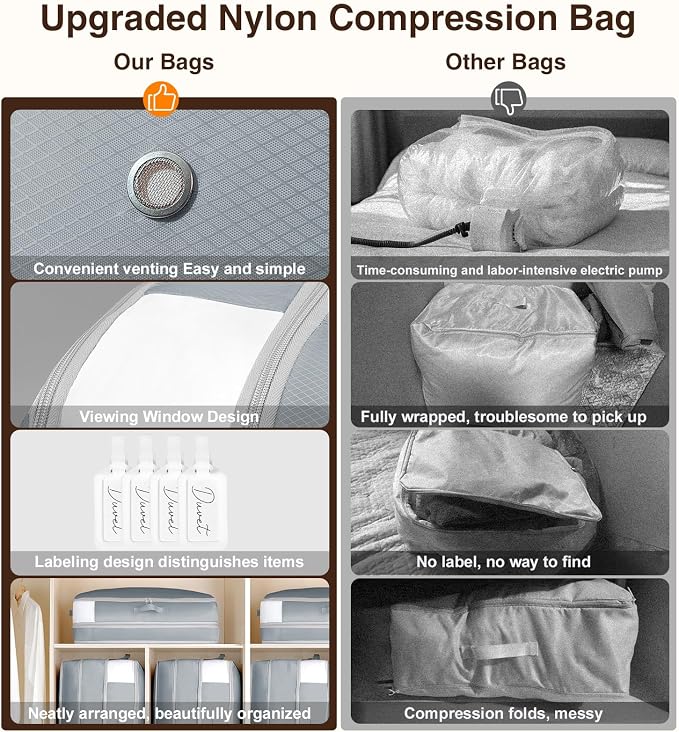 Homsorout 4 Pack Compression Storage Bags - 110L Large Capacity Comforter Storage Bag, 3-Layer Washable Ultra Space Saving Self Compression Organizer Space Bags for Blanket, Sweater, Sheet, Light Gray - Image 6