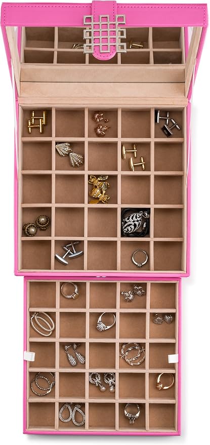 Glenor Co Earring Organizer - Classic 50 Section Jewelry Box/Case/Holder for Earrings, Rings, Necklaces, Jewelry, Cufflinks or Collections -2 Layer Small Compartments with Large Mirror - Pink - Image 3