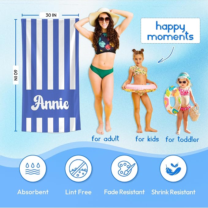 JML Personalized Beach Towel with Name, Custom Cabana Stripe Beach Towel, Customized Microfiber Pool Towel, Quick Dry & Absorbent Swim Towel for Adult,Mother's Day, Birthday, Summer Holiday,Vacation - Image 5