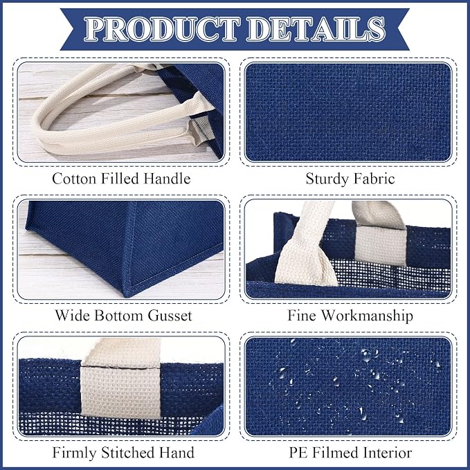 Saintrygo 12 Pcs Burlap Jute Tote Bags with Handle Reusable Blank Bridesmaid Gift Bags for Shopping Wedding DIY, 12x12x7.7In (Navy Blue) - Image 3
