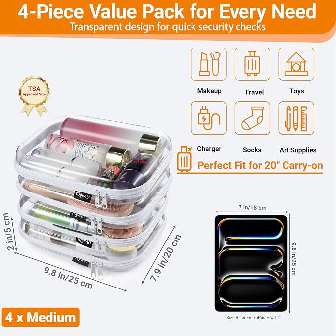 YQBRAO 4-Pack Clear Diaper Bag Organizer Pouches, 1.2mm Ultra-Thick PET Travel Pouches for Toiletries & Makeup, Rigid Self-Standing Bags with YKK Zippers, TSA Approved - Image 4
