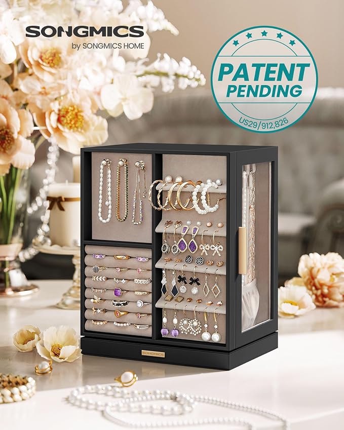 SONGMICS GISELLA Collection - Jewelry Box Organizer 360° Rotating, Vertical Jewelry Storage Case with 5 Drawers, Glass Window, Spacious, Open Design, Great Gift, Ink Black UJBC170B01 - Image 2