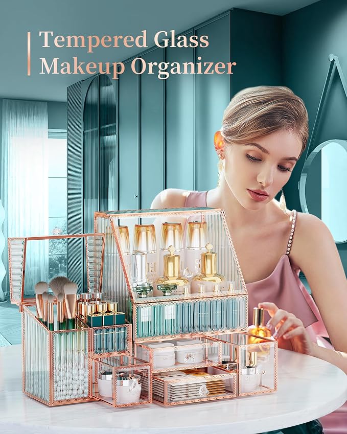 Youdepot Glass Makeup Organizer - Multi-Functional 3-in-1 Cosmetic Organizer for Skincare, Lipstick, Brushes - Vanity Organizer & Bathroom Organizer - Image 3