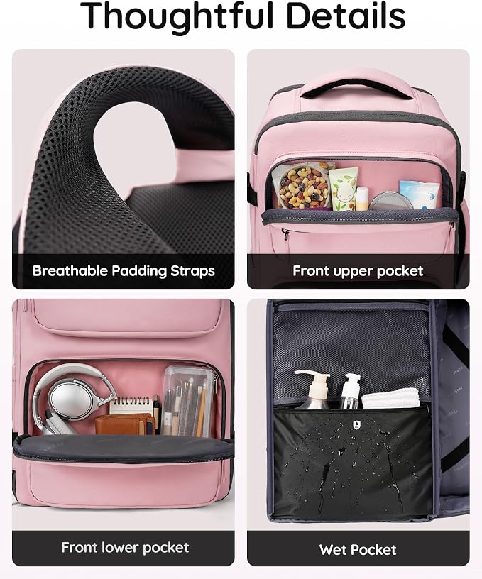 Taygeer Travel Backpack for Women, Travel Personal Item Bag with Shoe Pouch | TSA Approved Under Seat Carry on Backpack with Water Bottle Pocket Fits 15.6inch Laptop, Travel Essentials for Airplanes,Pink - Image 7