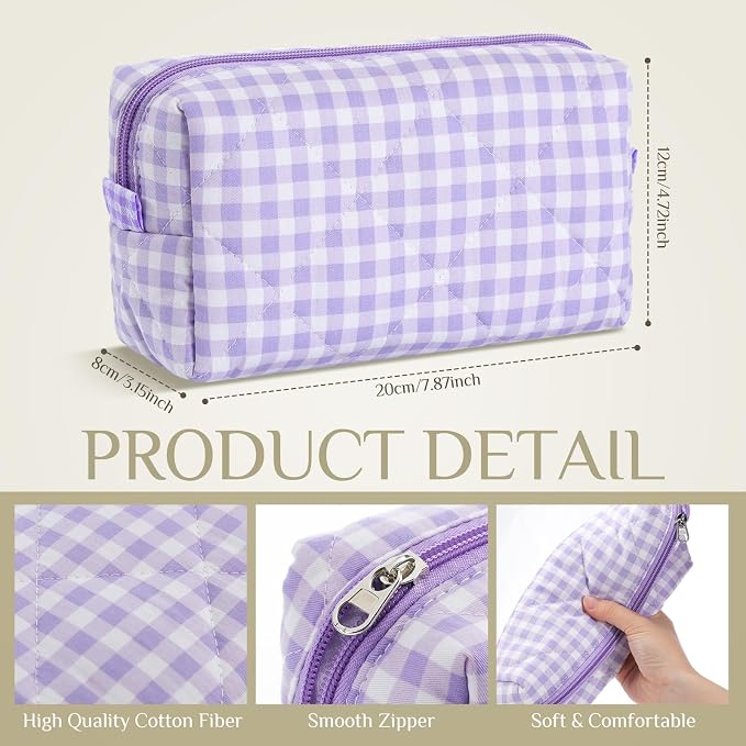 Paterr 10 Pcs Quilted Makeup Bag Bulk Cotton Floral Cosmetic Bag Women Girls Bridesmaid Gifts Cute Makeup Pouch Coquette Aesthetic Travel Toiletry Organizer(Gingham Floral,7.87 x 4.72 x 3.15 Inches) - Image 2