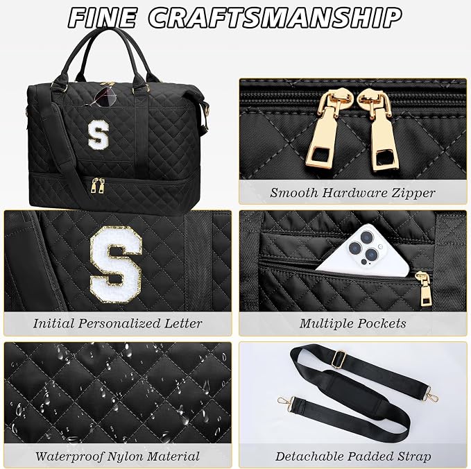 Gifts for Teen Girls Women Initial Travel Duffle Bag Quilted Weekender Carry-On Overnight with Cosmetic Bag, Gym Bag with Shoe Compartment, Black S - Image 6