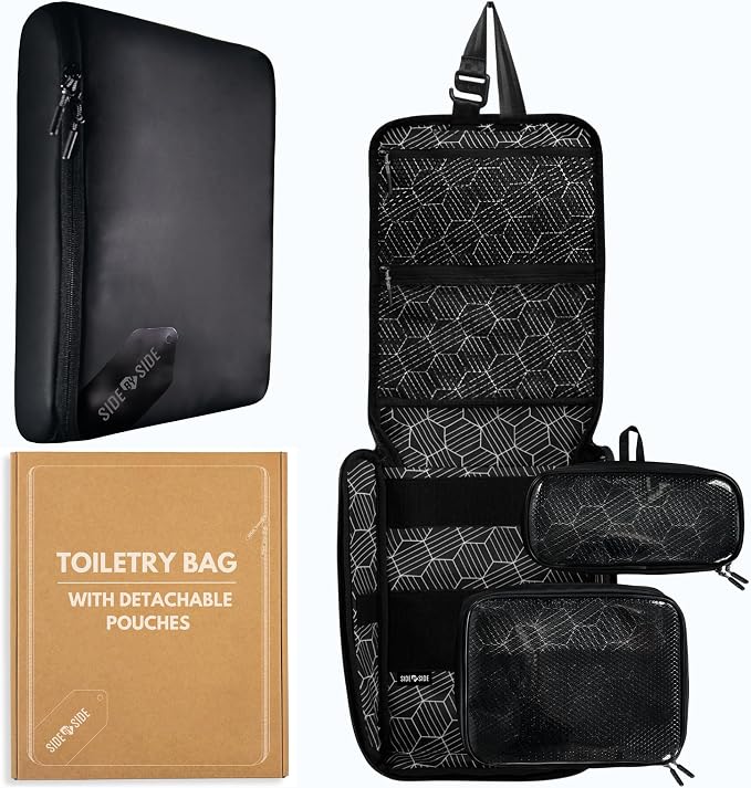 Small Travel Toiletry Bag for Men, Slim Flat Hanging Mens Dopp Kit & Travel Size Shaving Kit Organizer, TSA-Approved Waterproof Compact Toiletries Bag, Leak-Proof Pouches by SIDEBYSIDE