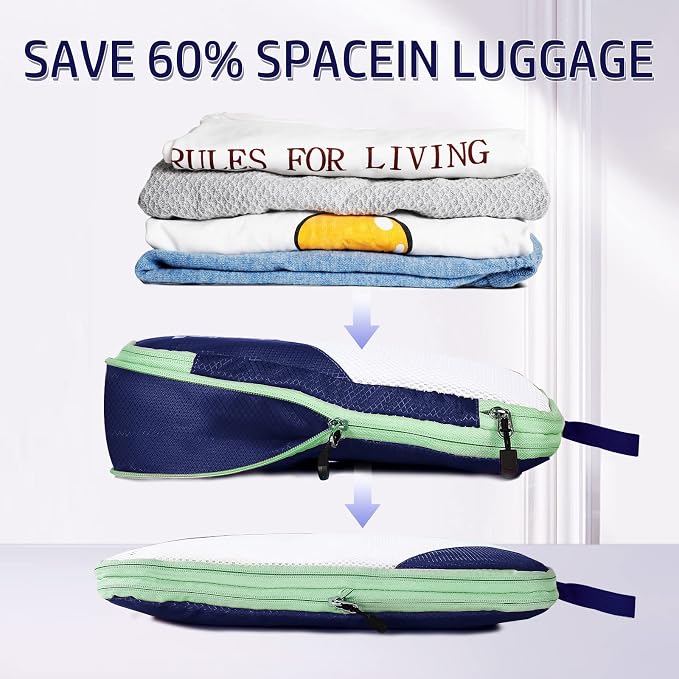 AiQInu Packing Cubes Compression, Pack of 5 Packing Bags, Compression Suitcase Organiser Set with Laundry Bag and Shoe Bag, Ultralight, Expandable, Travel Pack Organiser for Hand Luggage (Dark Blue) - Image 2
