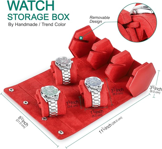 Hiram Genuine Leather Hexagon Watch Roll Travel Case, Leather 3-Watches Roll Case with Removable Pillow Cushion for Treasured Watches and Bracelets -Red - Image 4