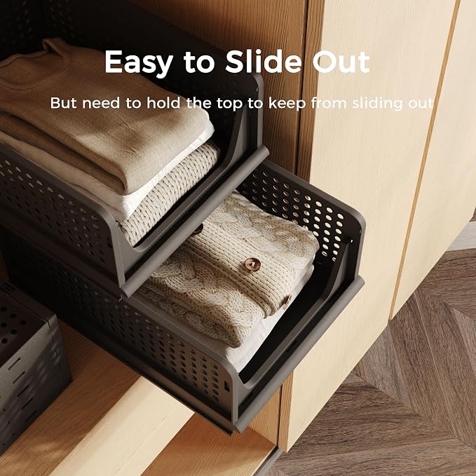 Pinkpum 5 Pack Folding Closet Organizers - Stackable Plastic Drawer Basket for Clothing, Shelf Storage Container for Closet, Wardrobe, Bedroom, Bathroom, Office (Black) - Image 4