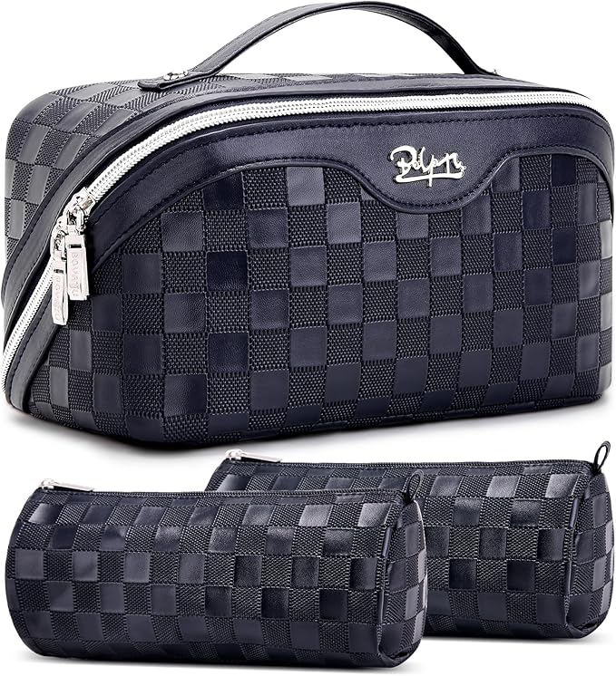 BOYATU Travel Makeup Bag Organizer: 3 Pcs Set Large Capacity Cosmetic Bags Holds 10–20 100ml Full-Size Bottles - 180°Open-Flat Make up Case 3-sec touch-up - Toiletry Bag Gift women (03-A-Dark Blue) by BOYATU