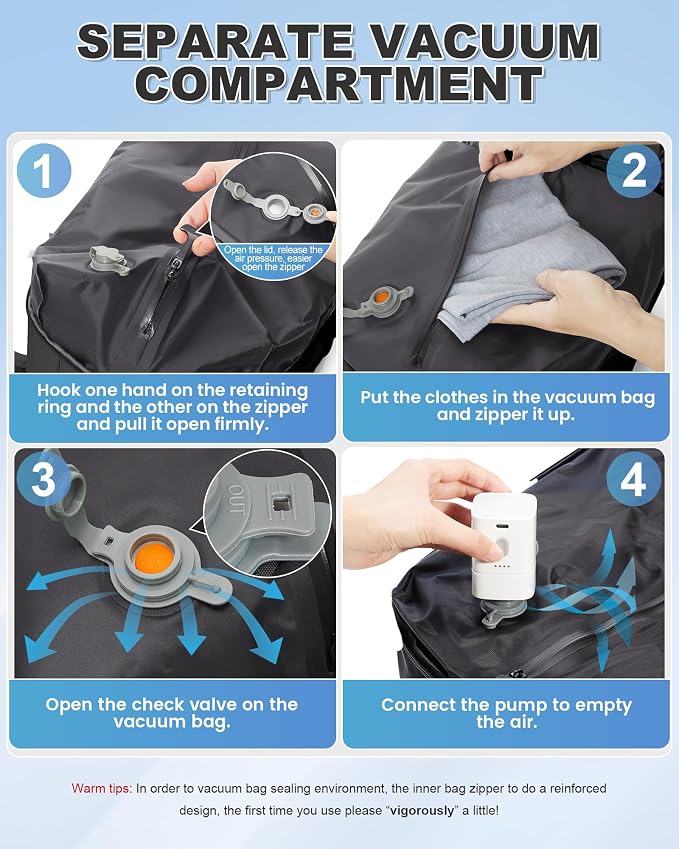 VGCUB Vacuum Backpack Travel with Pump Compression Carry On Bag,Space Saver,Mochila de Viaje Compresión al Vacío Airline Approved Personal Item Vacuum System 18x14x8,Airport Vacpack Daypack Men Women - Image 3