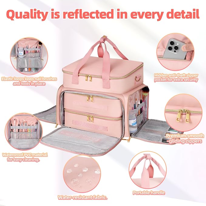 DERSTUEWE Nail Polish Organizer Case – Waterproof Travel Bag with Hard Bottom – Double Layer Nail Storage Bag with Adjustable Dividers & Nail Lamp Compartment (Pink) - Image 5