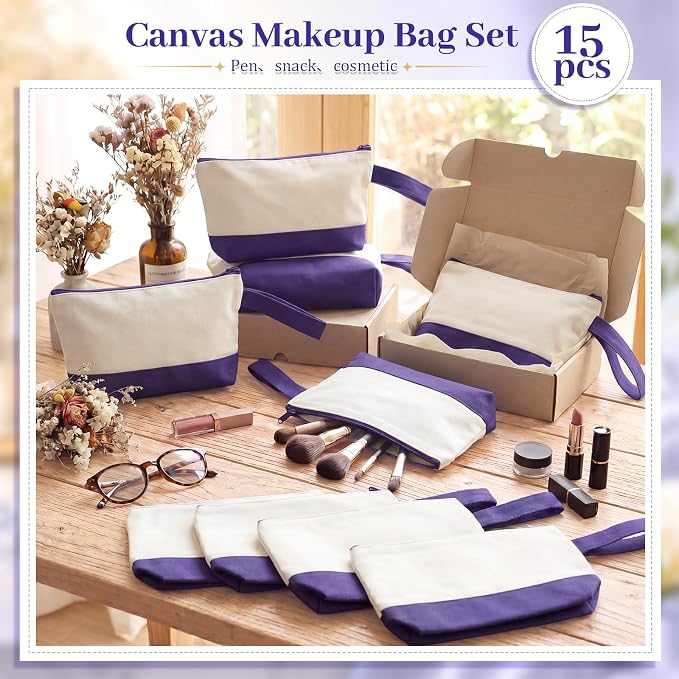 Silkfly 15 Pcs Cotton Canvas Makeup Bags Cosmetic Zipper Bags 10.2 x 5.5 x 2'' Blank DIY Pouch Bulk Pencil Case with Bottom Travel Toiletry Pouch for Women Craft Decor Gift (Beige and Purple) - Image 5
