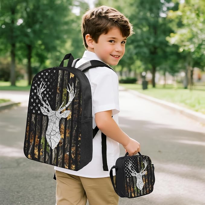 Deer Hunting Kid Backpack Set with Lunch Bag & Pencil Case Large Capacity School Bag 17 Inch Bookbag for Boy Girl - Image 2