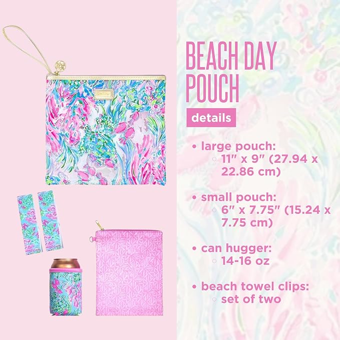Lilly Pulitzer Water Resistant Vinyl Beach Day Pouch, Zipper Bag Includes Drink Hugger, Small Pouch, and Towel Clips - Image 2