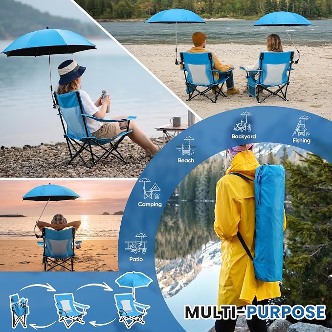HaSteeL Low Beach Chair Set of 2, Foldable Blue Camping Chair with Adjustable Umbrella Set for Adults, Lightweight Portable Lawn Chairs for Fishing, Picnic, Outdoor BBQ, Travel, Sports - Image 7