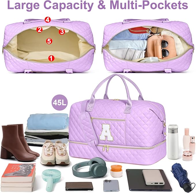 Graduation Birthday Gift for Her, Personalized Initial Weekender Bag for Women 45L Travel Duffle Carry On Quilted, 3PCS Overnight with Cosmetic & Toiletry Bag, Shoe Compartment, Gym Dance Bag for Girl - Image 3