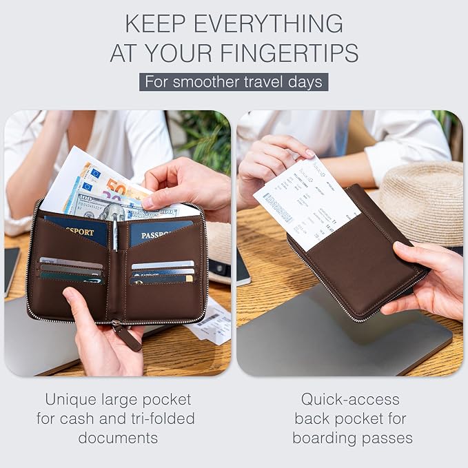 Full Grain Leather Passport Holder for 2 Passports - Dual Passport Holder and Travel Documents Organizer - RFID Travel Wallet for Couples - Dark Brown - Image 3
