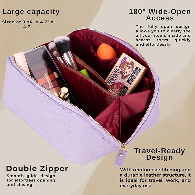 VENOULT Makeup Bag, Spacious Cosmetic Case for Women, Portable 180° Wide-Open Flat Cosmetic Bag, Travel Toiletry Organizer with Handle, Hanmdade, Full Grain Genuine Turkish Leather (Mauve) - Image 2