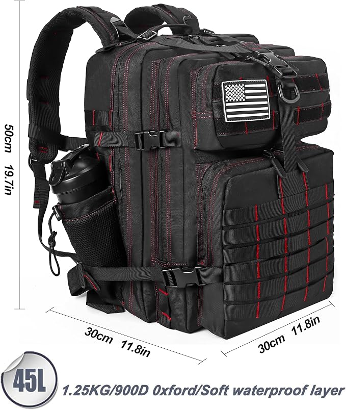 LHI Military Tactical Backpack for Men and Women 45L Army 3 Days Assault Pack Bag Large Rucksack with Molle System - Black With Red Line - Image 3