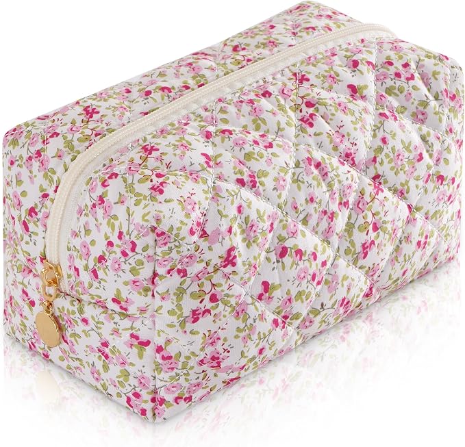Makeup Bag Travel Toiletry Bag for Women, Small Floral Cosmetic Bags Cute Quilted Cotton Makeup Pouch for Purse Emergency Bag Pencil Case Accessory Bag, Spring by Unknown