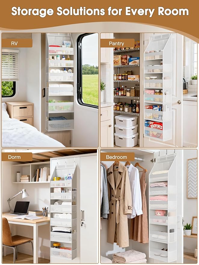 Criusia Over the Door Organizer, Heavy-Duty 6-Shelf Hanging Storage with 13 Mesh Pockets, 55lbs Capacity Behind the Door Storage for Nursery, Bathroom, Bedroom, and Dorm, White - Image 7