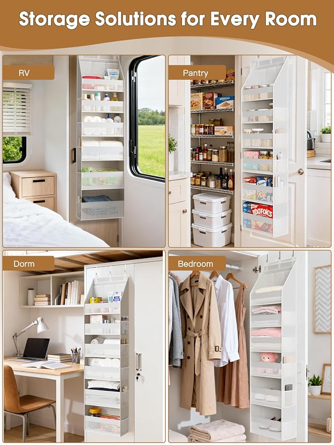 Criusia Over the Door Organizer, Heavy-Duty 6-Shelf Hanging Storage with 13 Mesh Pockets, 55lbs Capacity Behind the Door Storage for Nursery, Bathroom, Bedroom, and Dorm, White - Image 7