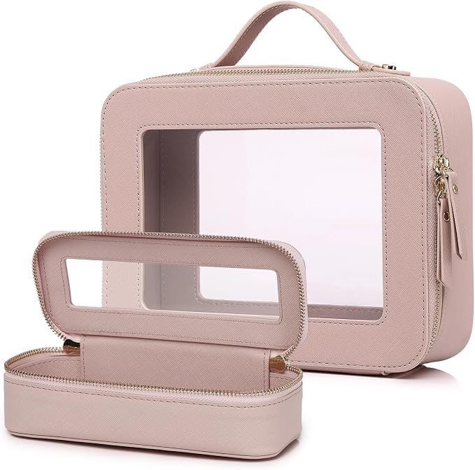 Travel Makeup Bag, Pink, L+Slim | With Brush Case, Transparent, Waterproof, Zipper Closure by LOFOWN