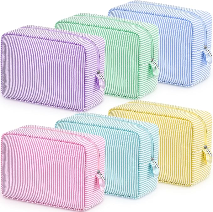 Sanwuta 6 Seersucker Cosmetic Bag Bulk Striped Makeup Bag for Women Aesthetic Cute Travel Toiletry Organizer Preppy Storage Pouch for Wedding Bridesmaid Mother's Day Teacher Gift (Large,Macaron Color) by Sanwuta