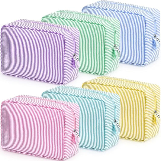 Sanwuta 6 Seersucker Cosmetic Bag Bulk Striped Makeup Bag for Women Aesthetic Cute Travel Toiletry Organizer Preppy Storage Pouch for Wedding Bridesmaid Mother's Day Teacher Gift (Large,Macaron Color) by Sanwuta